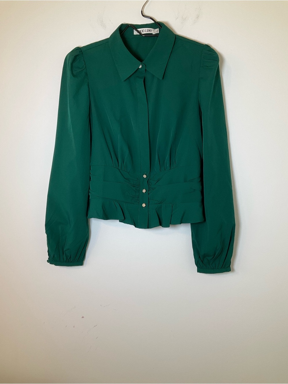 Nikki Lund Green Ruched Peplum Button Front Blouse Long Sleeve Size L